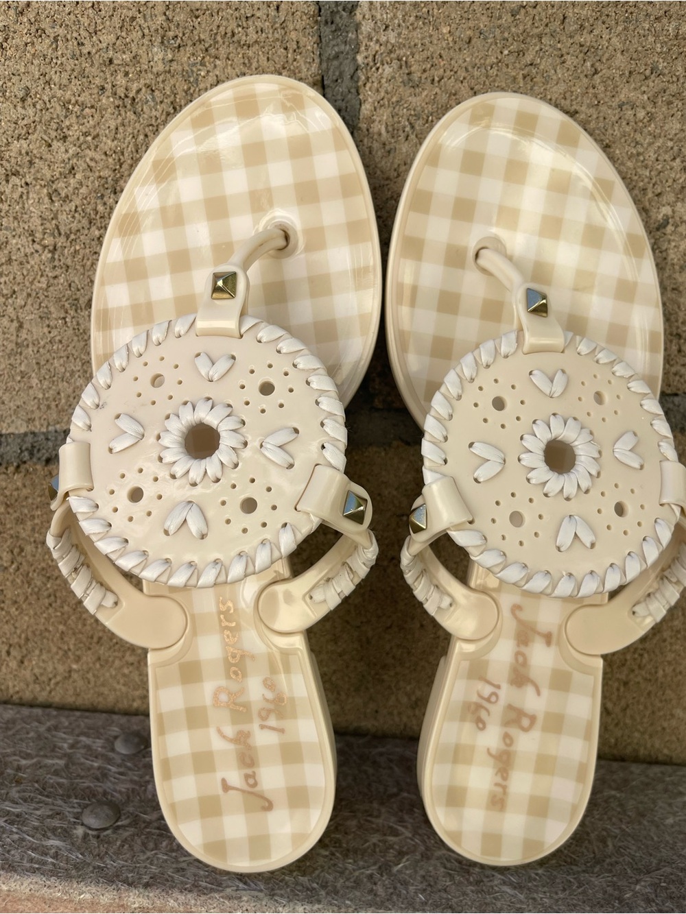 Jack Rogers Georgica Jelly Sandals White khaki Gingham PVC Thong Flat Studded 6